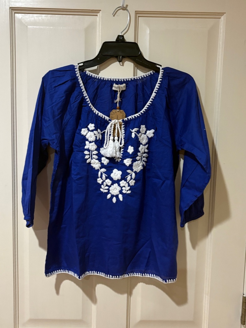 NATURAL LIFE Cobalt Blue Embroidered Peasant Tunic with White Tassels NWT XS S